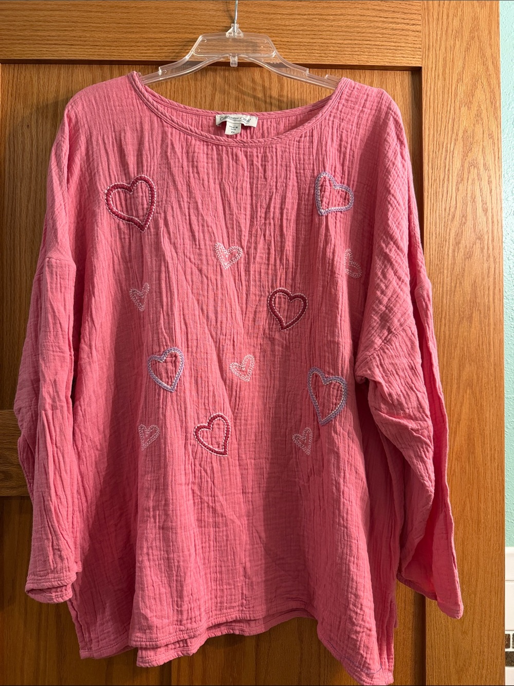 Coldwater Creek Pink Long-Sleeve Heart Embroidered Tunic